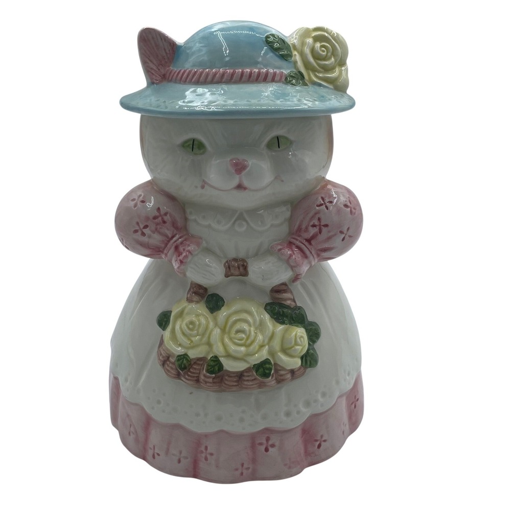 Vintage Ceramic Cat Cookie Jar Victorian Lady Cat Pink Blue White 10 Inch